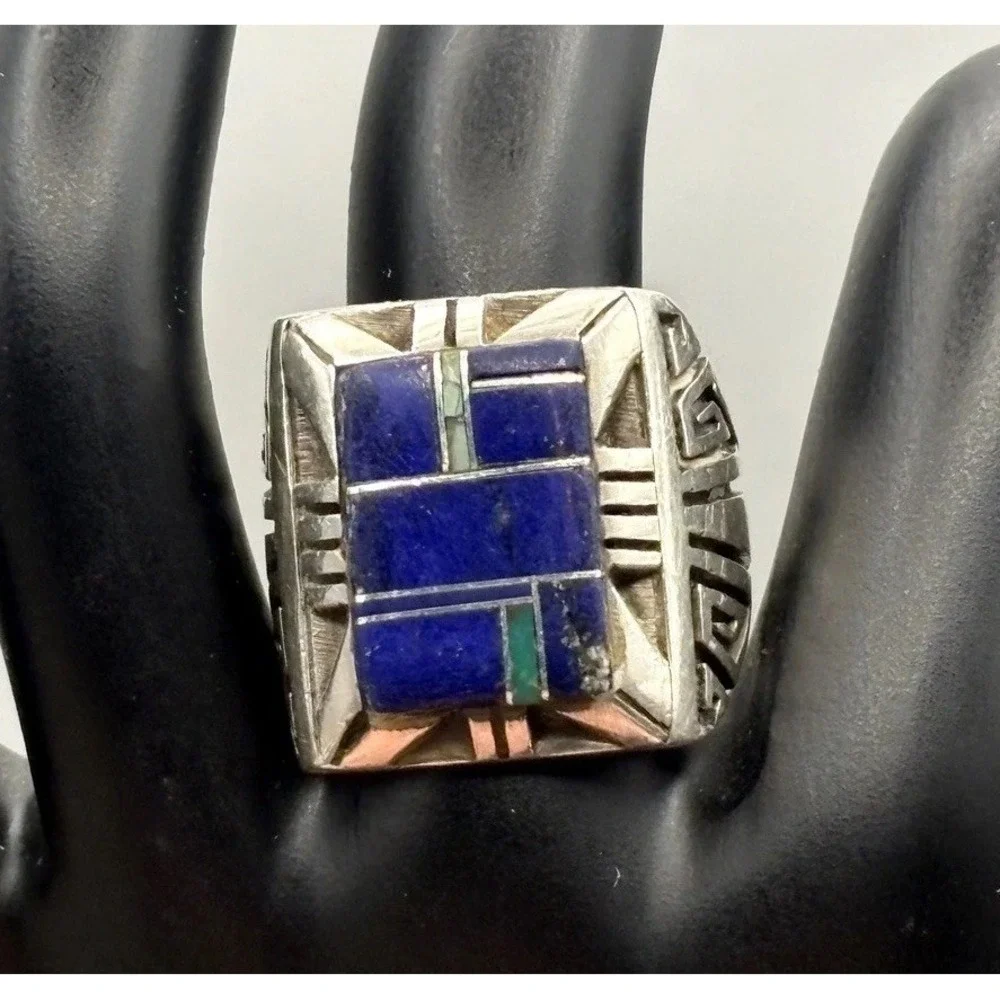 Vintage Sterling Silver Lapis Lazuli Malachite Inlay Heavy Chunky Ring Size 8.5